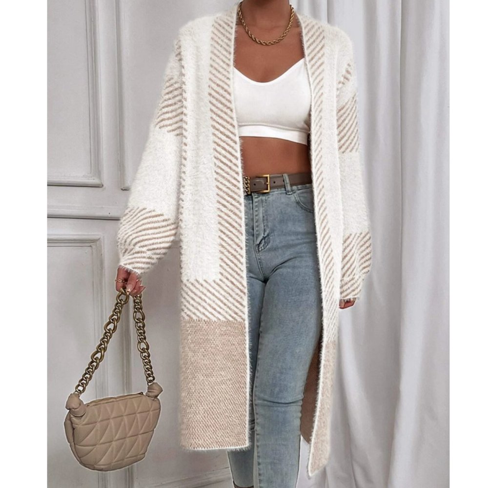 Tan  Striped Pattern Fuzzy Duster Knit Sweater Cardigan - Picture 7 of 10
